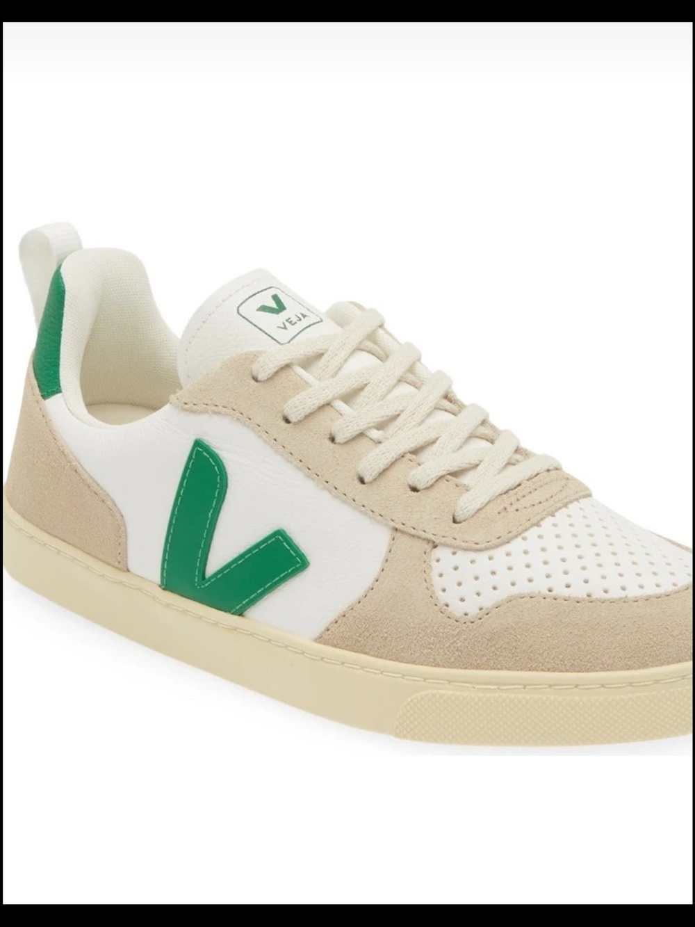 Veja V-10 Style Sneakers in White and Beige with Green V